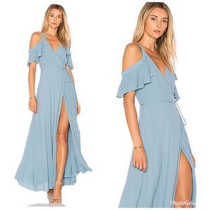 PRIVACY PLEASE Off The‎ Shoulder Maxi Wrap Dress Thigh Slit Blue Small New